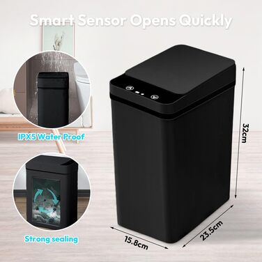 Чорний автоматичний смітник 8L з датчиком - для ванної кімнати, кухні, безшумний, сенсорний, вологостійкий