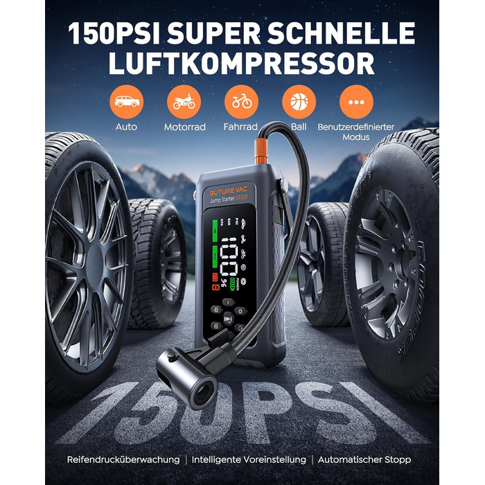 Портативний пусковий пристрій 5000A з компресором 150PSI, 12V, для автомобілів, з ліхтариком, рукавичками