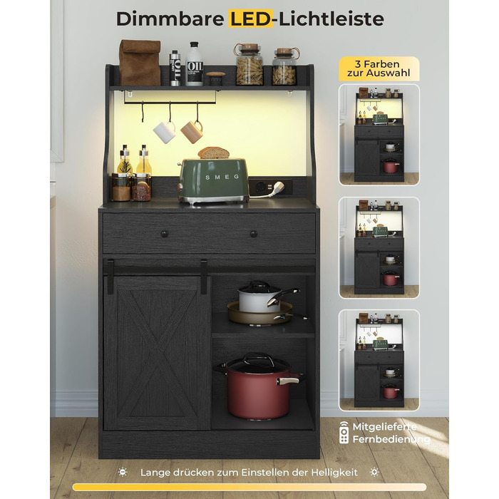 Чорний буфет-шафа з LED-підсвіткою, великою шухлядою та регульованими полицями для кухні, вітальні, їдальні