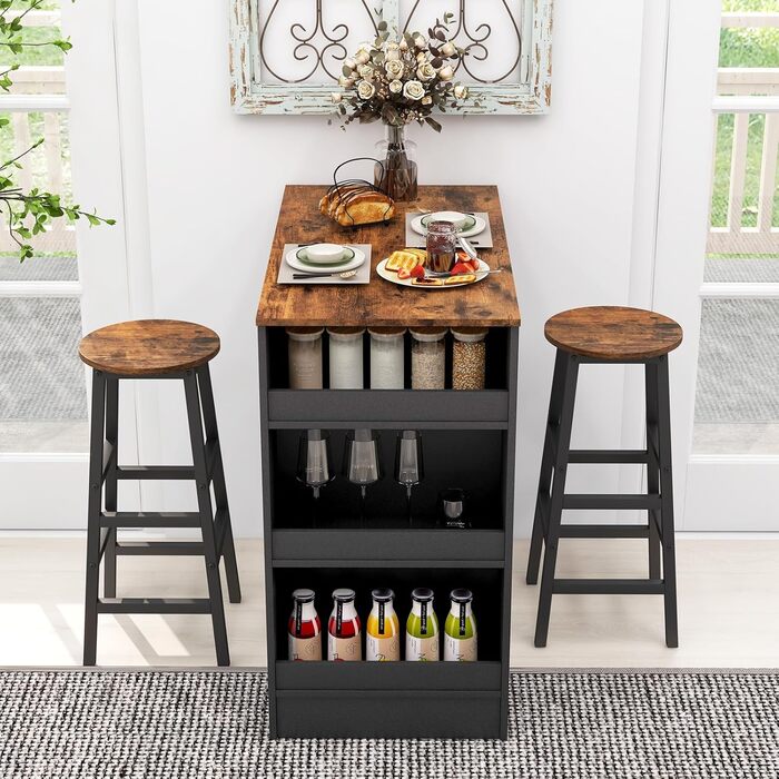 Барний стіл COSTWAY з барними стільцями (набір для 2 осіб), з 3 полицями, кухонний стіл у стилі ретро, колір - коричневий