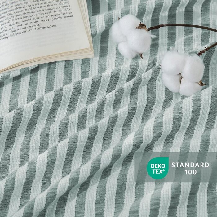 Набір постільної білизни SOULFUL 200x200, бавовна, смугастий дизайн, джакард, екологічна бавовна, бохо стиль, преміум якість, сертифікат Öko-Tex 100, колір деним (темно-зелений & білий), 4-елементний комплект (2x 135*200 см | 2x 80*80 см)