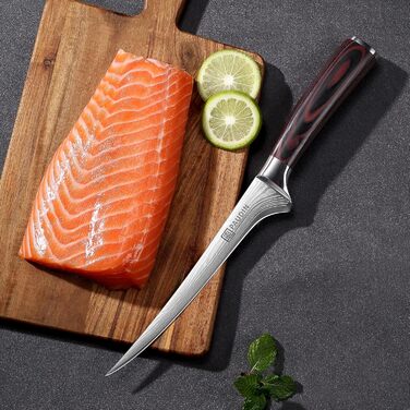 Ніж сантоку PAUDIN з дамаської сталі, 13 см - професійний кухонний ніж для кухні, надзвичайно гострий, з високоякісної нержавіючої сталі та ергономічною ручкою G10 (рибний ніж 18 см)
