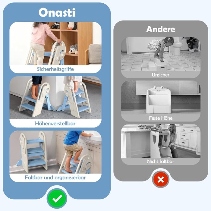Дитячий підсвічник Onasti Tritthocker: регульована висота, 3 сходинки, з ручками, складний, антиковзний, для кухні, ванної, туалету (сірий, сіро-білий, блакитний)