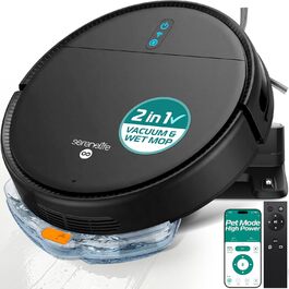 Робот-пилосос SereneLife з функцією миття підлоги, 700Pa, 3-в-1, керування через додаток, з датчиками падіння, для шерсті тварин та килимів, чорний