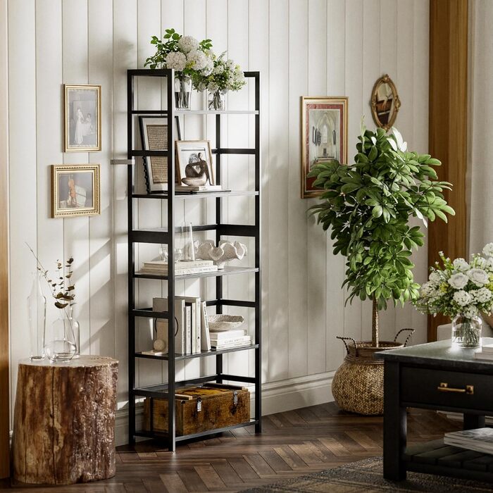 Багатоярусна полиця для книг, індустріальна з бамбуковим каркасом, дерев'яна полиця-вітрина для дому та офісу, органайзер для зберігання, рустикальний коричневий (чорний)