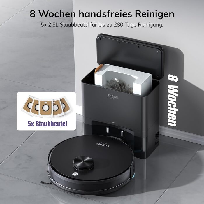 Робот-пилосос з функцією миття підлоги, автоматична станція самоочищення, лазерна навігація, зони заборони, 5000Pa, 5*2.5L мішки для пилу, 180 хвилин роботи, керування через додаток, для твердих підлог, килимів та шерсті тварин, S20