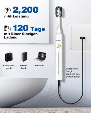 Електрична звукова зубна щітка з 6 насадками DuPont, 5 режимів, таймер, індикатор заряду, 120 днів роботи від акумулятора, 45000 VPM, відбілювання за 1 тиждень