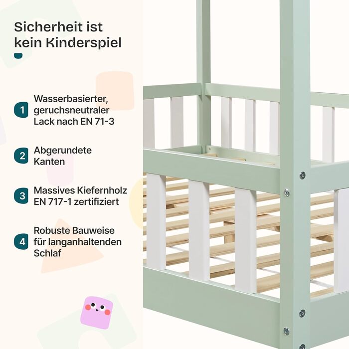 Дитяче ліжко Sisimiut Hausbett Montessori від en.casa з бар'єром безпеки. Дерев'яне ліжко для дітей, ліжко-платформа, сосна, світло-сірий/білий, 140 x 200 см (без матрацу)