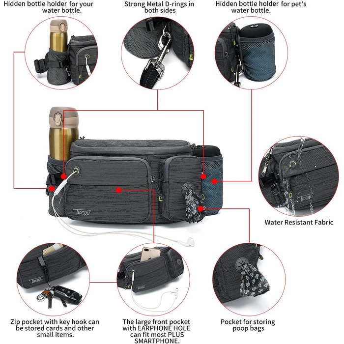 Повідець-банджі TUDEQU 4-В-1 для собак без рук з нульовою амортизацією і багатофункціональної поясний сумкою, повідець довжиною 5,8 футів / 178 см з пряжкою автомобільного ременя безпеки і світловідбиваючої різьбленням YBHGS ТЕМНО-сіра сумка Чорний повіде