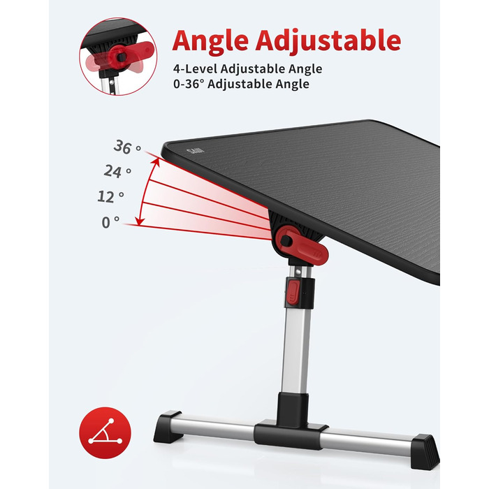 SAIJI Регульований стіл для ноутбука: портативний піднос для ноутбука з підніжними ніжками, для дивану, ліжка, підлоги. Чорний, 52x30 см