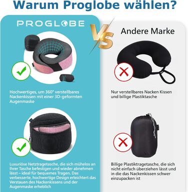 Подушка для шиї Proglobe, 100% Memory Foam, ортопедична, для подорожей (літак, авто, поїзд), з маскою для сну, сітчаста сумка (рожева)