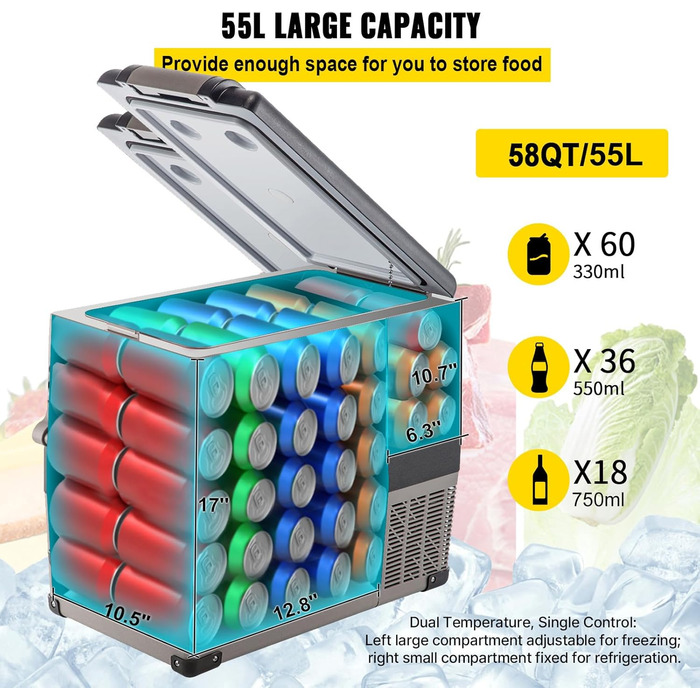 Автохолодильник VEVOR 35/55л нержавіюча сталь 12/24V, 220V: портативний компресорний кулер для авто, кемпінгу, подорожей (-20°C до +20°C)