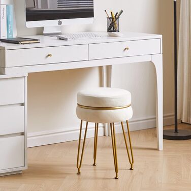 Сучасний оксамитовий пуф з круглим підніжжям IBUYKE, стільчик для макіяжу, пуф з золотими ніжками, декоративний пуф для спальні, вітальні, передпокою, білий L/G-40M з декором кремово-білий