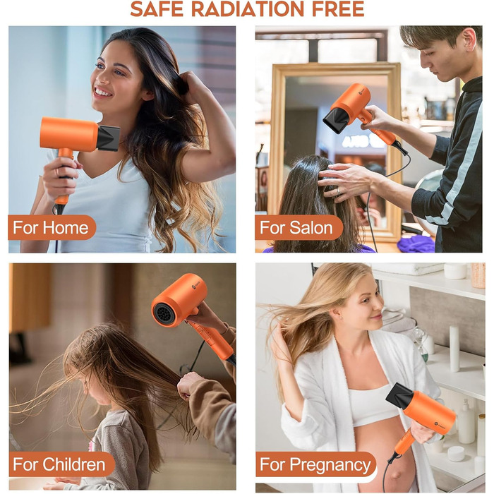 Іонний фен для волосся Slopehill 1800W для швидкого сушіння, професійний салонний фен з 3 насадками (концентратори та дифузор), 3 режимами температури та 2 швидкостями, помаранчевий