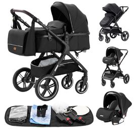 Дитяча коляска YAZOCO 3 в 1: Buggy, Babybett, Комплект. Легка, складається одним кліком, алюмінієвий каркас для новонароджених (чорна)