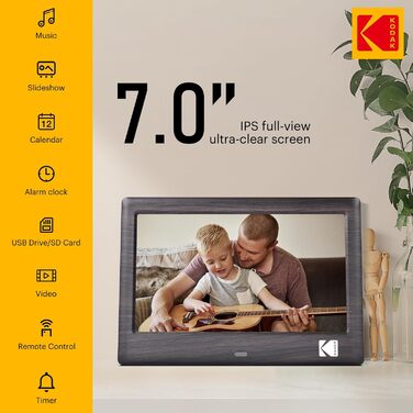 Цифровий фотоальбом Kodak 7 дюймів, чорний, з пультом, IPS-екран, USB/SD, фото/музика/відео, календар, будильник