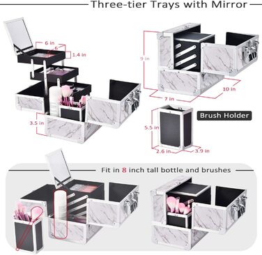 Коробка для макіяжу Joligrace, Косметичний футляр, Органайзер для ювелірних виробів, Коробки для зберігання косметики з дзеркалом і тримачем для пензлика, Замки для ключів, Мармуровий білий, L