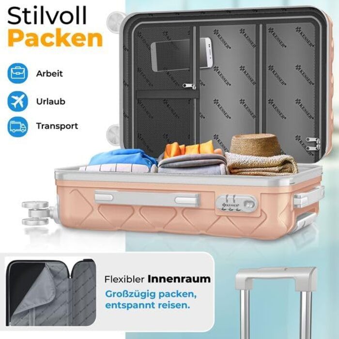 Чемодан KESSER® 84L з ABS-пластику з кодовим замком, вагами та органайзером | Валіза на колесах для подорожей та бізнесу (Nude Grey, 55 см)