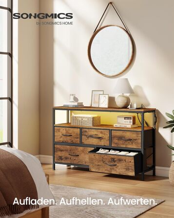 SONGMICS BELLAH: Комод з LED-підсвіткою, тумба з бездроговою зарядкою, 5 шухляд, індустріальний стиль, vintage brown + ink black