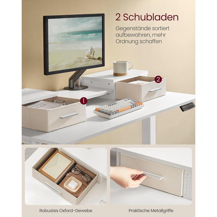 Електричний регульований стіл VASAGLE 120x60 см, білий, з підставкою для монітора, USB-роз'ємами, пам'яттю висоти