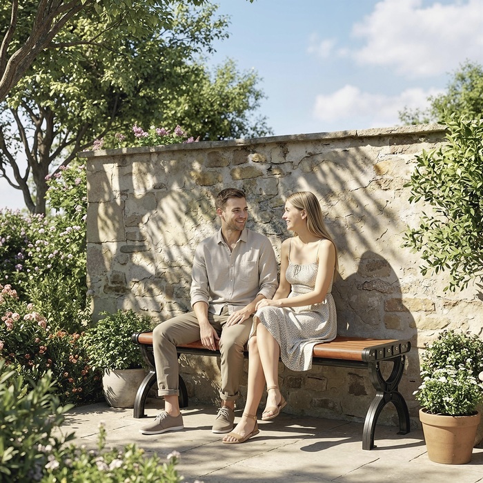 Лавочка для саду на 2 особи, вулична лавочка з металевим каркасом та ламелевим сидінням, садові меблі для саду та тераси