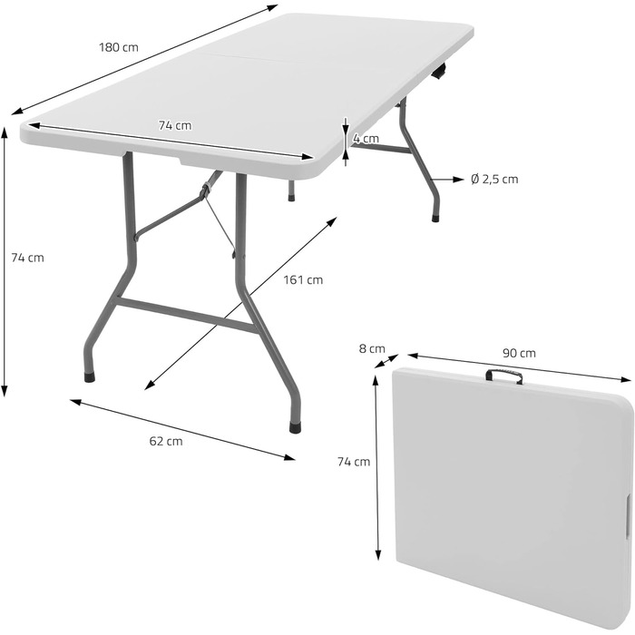 Стіл кемпінговий ML-Design складний 180x74 см пластиковий, розкладний стіл з ручкою для перенесення, відкидний стіл для садової тераси балкон, садовий стіл 6 персон, фуршет стіл для вечірок стіл валіза стіл блошиний ринок стіл (білий)