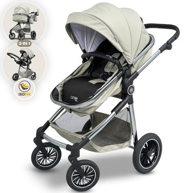 Дитяча коляска 3 в 1 AMOR BABY Primus - світло-оливковий, з автокріслом та люлькою | Безпечна коляска з Isofix та 5-точковим ременем