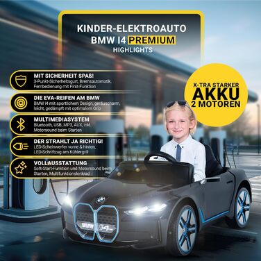 Дитячий електромобіль BMW i4, ліцензія, з пультом 2,4 ГГц, електроавто для дітей від 3 років, іграшкове авто, білий/чорний, Actionbikes Motors