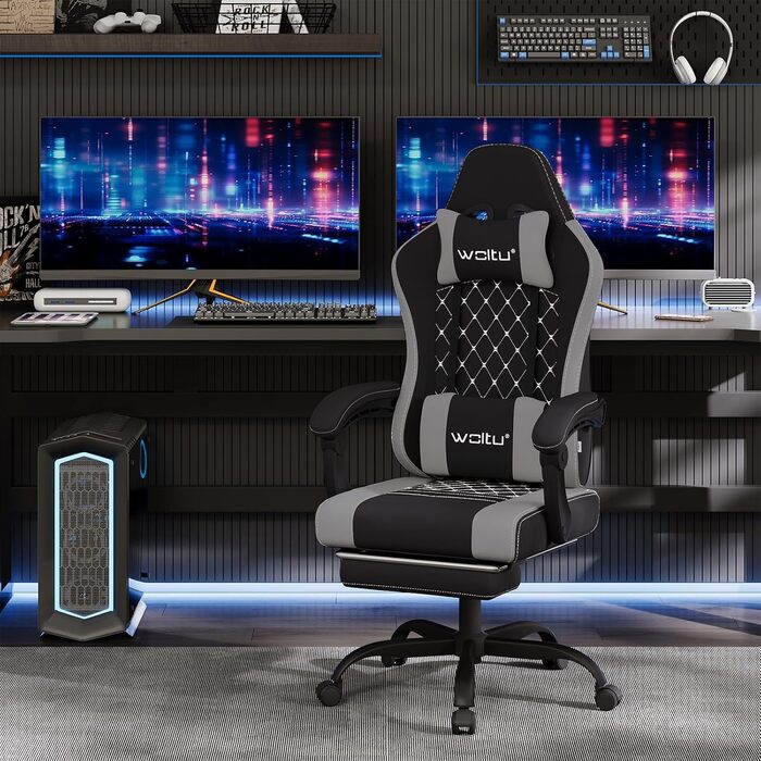 Ігровий крісло WOLTU з масажем, комп'ютерне ергономічне крісло, кишенькові пружинні подушки, поперекова масаж, підголовник, підніжка, поворотне крісло, 150 кг, Рожевий+Білий (Чорний+сірий, сітчаста тканина)