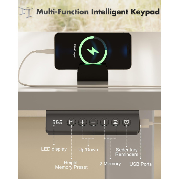 Регульований стіл JUMMICO з USB-зарядкою, електричний, 120x60 см (сірий)