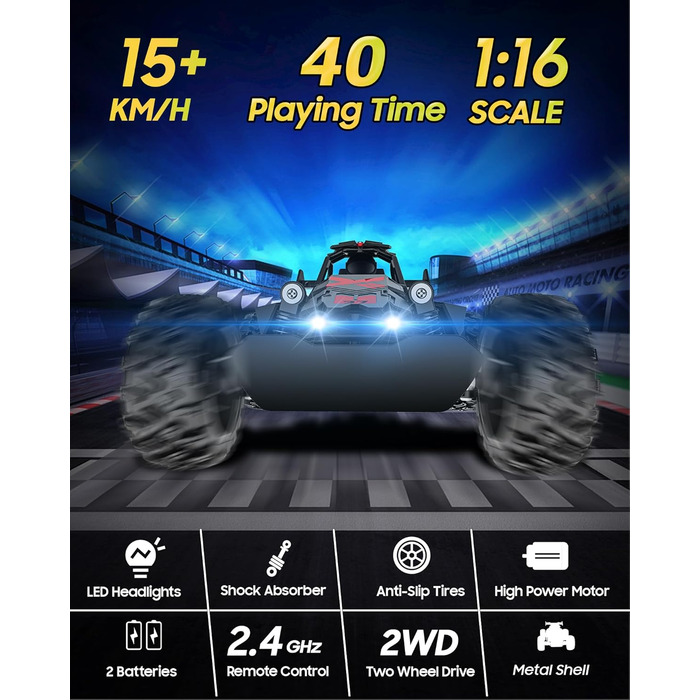 RC Автомобіль на радіокеруванні 2.4GHz, Monstertruck 15+ км/год зі світлодіодами, іграшка для хлопчиків, чорно-червоний (сірий/зелений)