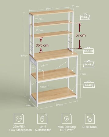 Полична шафа VASAGLE для кухні з розетками, мікрохвильова шафа, 6 полиць, 6 гачків, сталевий каркас, 40 x 80 x 167 см, вінтажний колір, KKS119K06