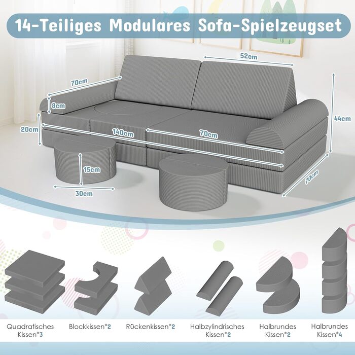 Дитяче ігрове диван-ліжко модульне, 15 частин, сірий, з сертифікатом Oeko-Tex® 100