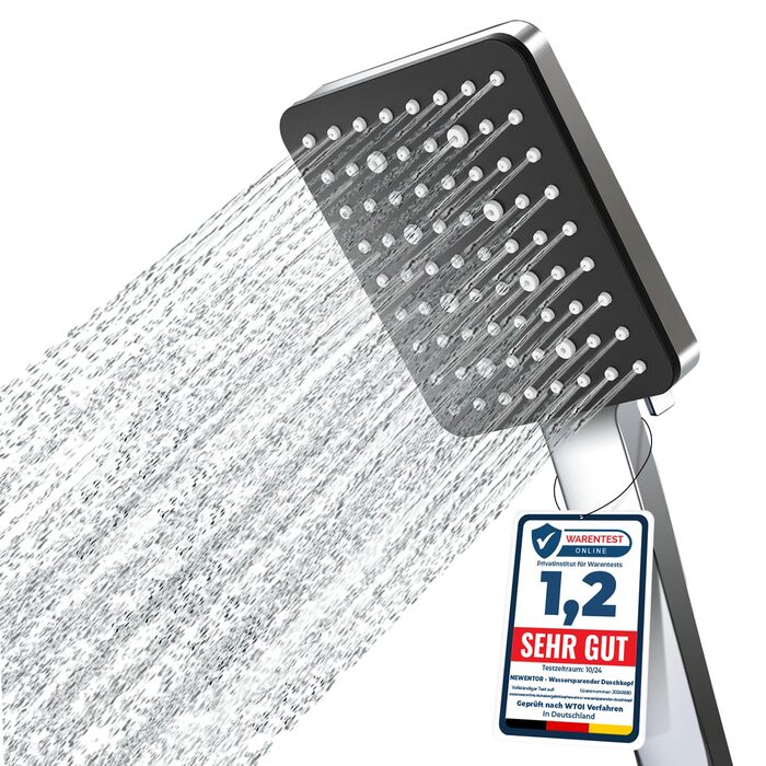 Насадка для душу Newentor Regendusche [TESTSIEGER], велика ручна лійка, водозберігаюча, високого тиску, XXL з 6 режимами струменя (без шлангу), матова чорна (Duschkopf, без шлангу)