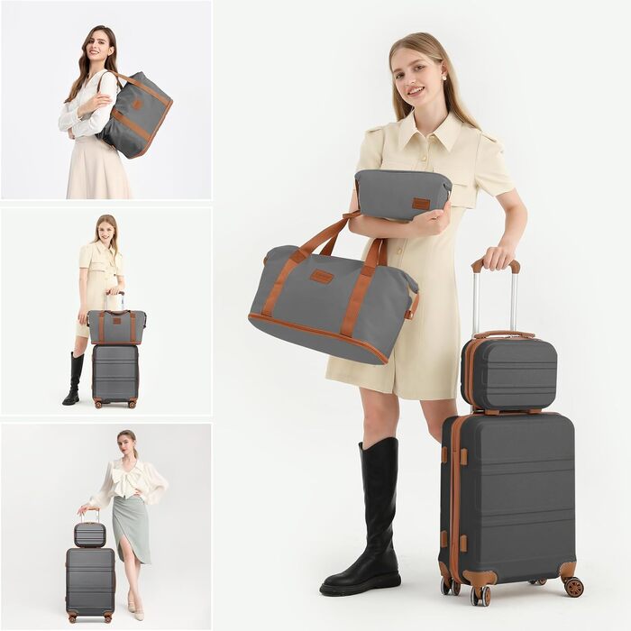 Набір валіз KONO 6 частин: велика валіза, середній, маленький, beauty case, сумка для ручної поклажі, косметичка (сірий/коричневий)