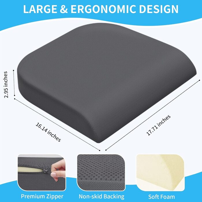 Подушка для сидіння TranquilRelax з Memory Foam для офісного крісла, дому та авто. Зручна для спини, ішіасу, стегон та куприку. Сірого кольору, велика.