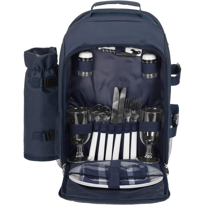 Набір для пікніка Anndora 15 предметів: рюкзак, деки, посуд, блакитно-білий в смужку