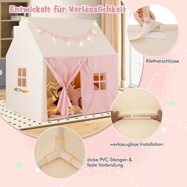Дитячий намет GOPLUS з м'яким килимком, зірочками та китицями, ігровий будиночок для дому та вулиці з вікнами, дверима та кишенями, для дітей від 3 років (Рожевий)