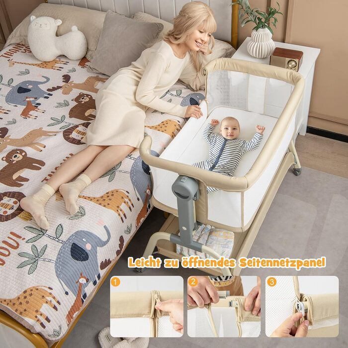Дитяче ліжко COSTWAY 4-в-1 з москітною сіткою, бебі-ліжко, колиска, візок та туристичне ліжко з матрацом, 6 рівнів регулювання, сумка для перенесення, дитяче ліжко-гойдалка, розкладне, для малюків до 6 місяців (Бежевий)