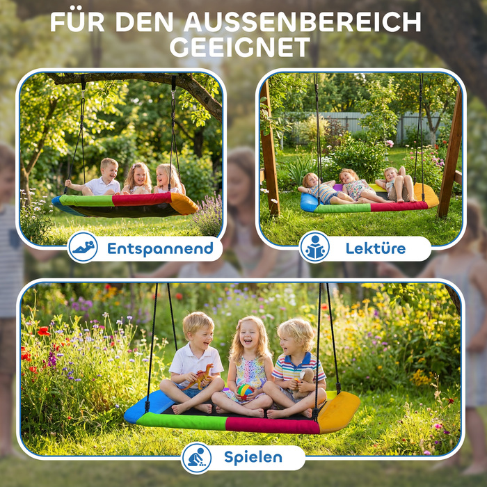 Дитяча гойдалка-гніздочко з регульованою висотою, вантажопідйомністю до 300 кг та регульованим канатом, призначена для дітей віком 3-8 років, розміром 148x77x180 см, у різноманітних кольорах.