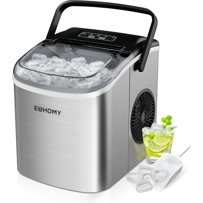 Машина для приготування льоду EUHOMY, 12 кг/24 год, чорна, з нержавіючої сталі, самоочищення, 9 кубиків за 6 хвилин