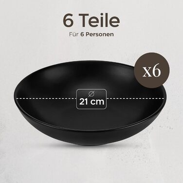 Набір посуду з 24 предметів з матового чорного стеатиту для 6 осіб - чорні тарілки та чашки, придатний для мікрохвильової печі, серія Twinzee Ebony Collection (глибокі тарілки (x6))
