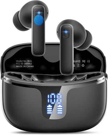 Навушники-вкладиші Bluetooth 5.3, 4 мікрофони, ENC, 40 годин, HiFi, LED, USB-C, водонепроникність IP7, чорний