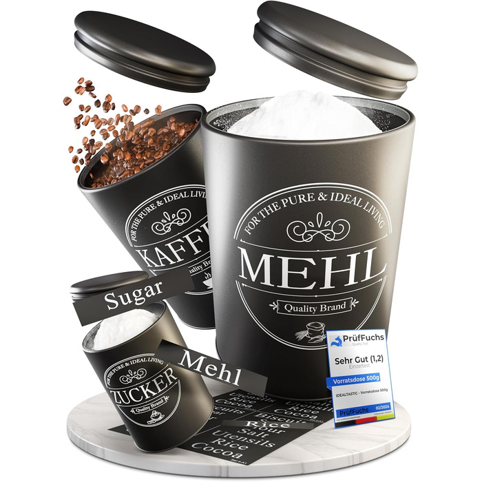 Набір контейнерів для зберігання кави, цукру та борошна IDEALTASTIC® Premium, 3 шт по 500г, повітряно-водонепроникні, чорний