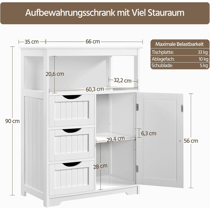 Шафка для ванної кімнати Yaheetech з 3 шухлядами та 1 дверцятами, регульовані полиці, 66 x 35 x 90 см