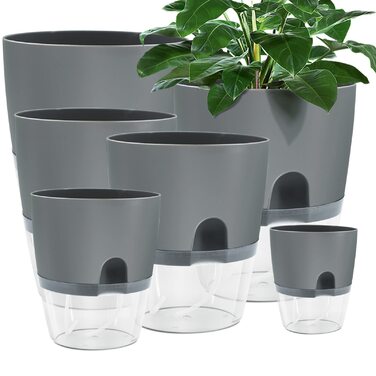 Набір горщиків для квітів та трав 6 шт. з автополивом, сірий - 22.3/15.3/10.5/8.2 см