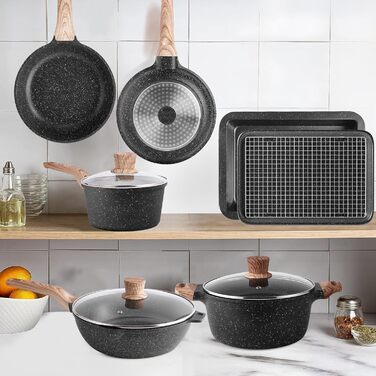 Набір посуду RIOVARM з нержавіючої сталі з антипригарним покриттям, 6 предметів: каструлі, сковороди, соусник, пательня, кришки, лопатка. Для кухні