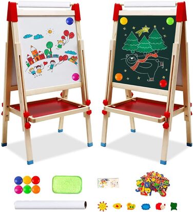 Дитяча мольберт Kinder Staffelei 3 в 1: дерев'яна дошка з рулоном паперу, двостороння, регульована висота 68-114 см. Комплектація: аксесуари для малювання. Підходить для дітей 3-12 років.