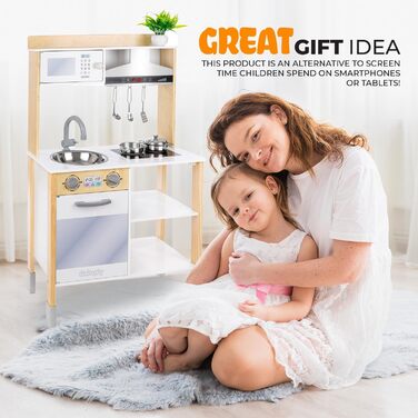 Дерев'яна дитяча кухня Kinderplay з LED та звуками приготування їжі, регульована висота 92–107 см, ігровий набір для дітей від 3 років, повний комплект з аксесуарами, світло-сірий колір (Modern - Weiß)