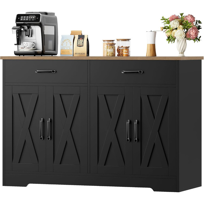 Тумба під ТВ HOCSOK 120 см, кухонна шафа з робочою поверхнею, буфет для зберігання з 2 висувними ящиками та 4 дверцятами, для вітальні, кухні, передпокою, чорний & коричневий